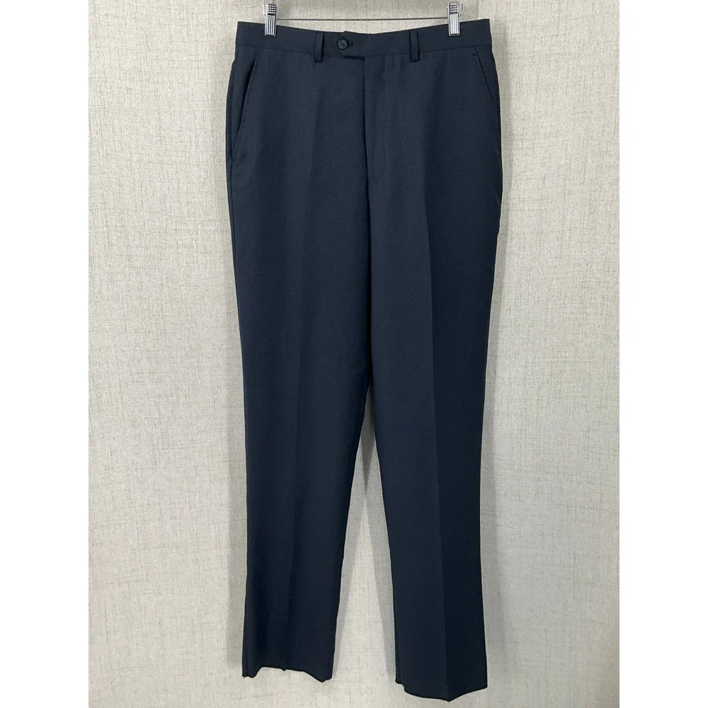 Jos A Bank Dress Pants Men 32 Navy Wool Tailored Fit Flat Front Unfinished Hem